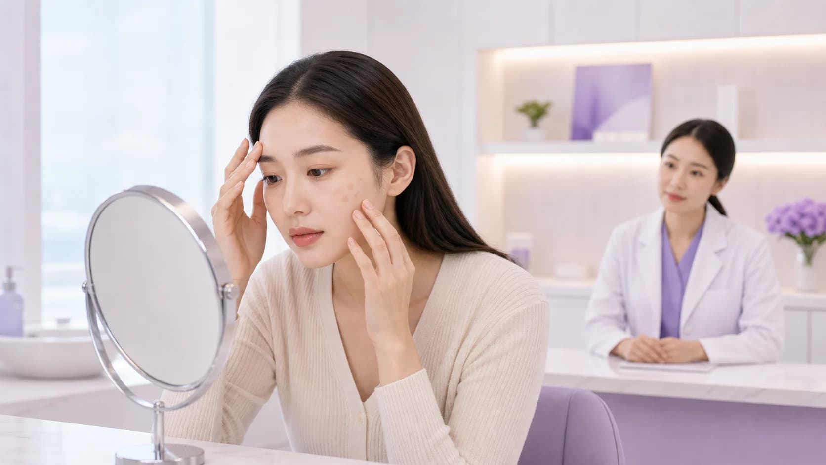 亞洲成人在鏡前觀察面部細小扁平疣的柔和診所插畫
