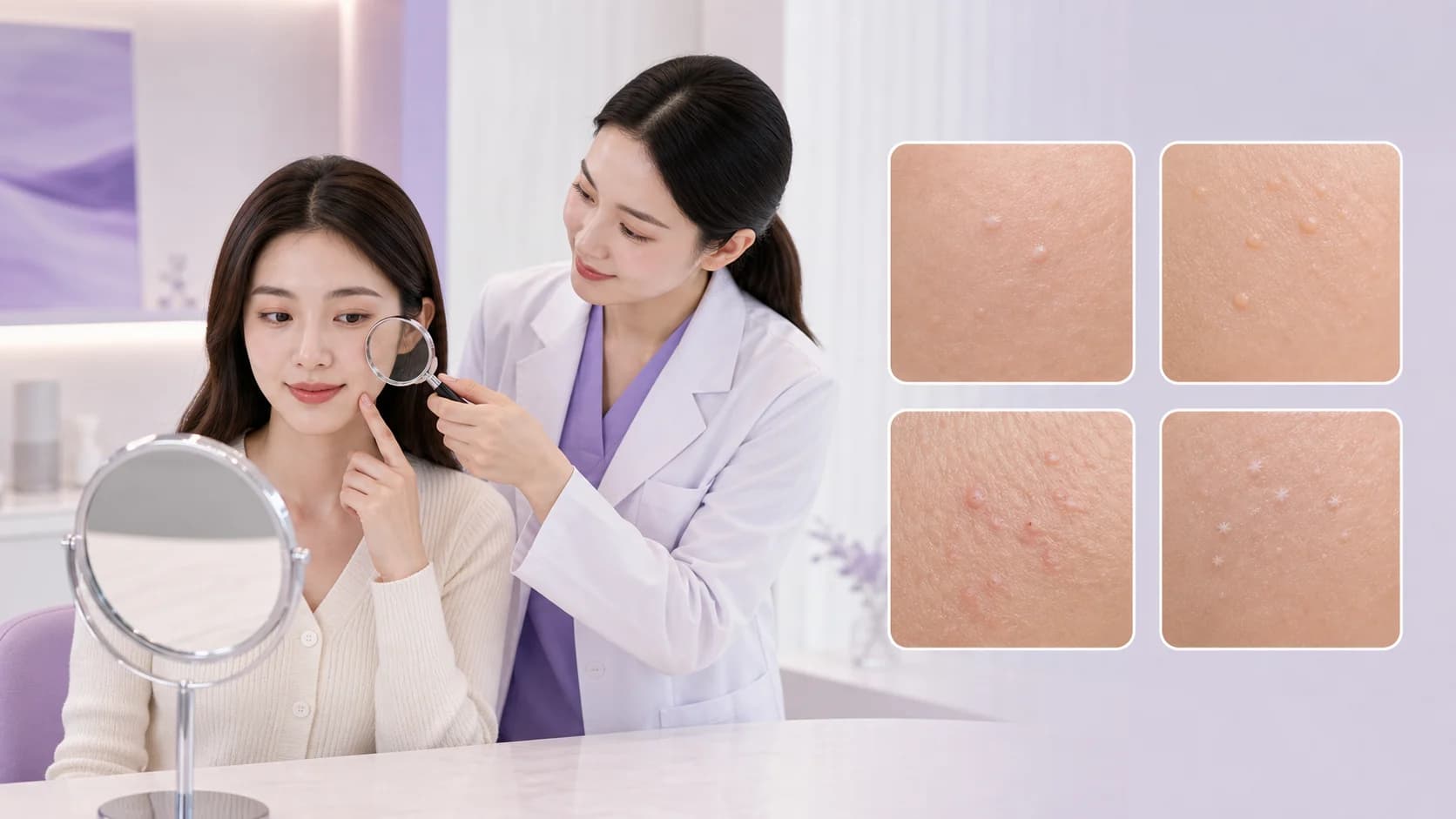 鏡前以放大鏡觀察面部細小粒粒並呈現四格比較的醫療插畫