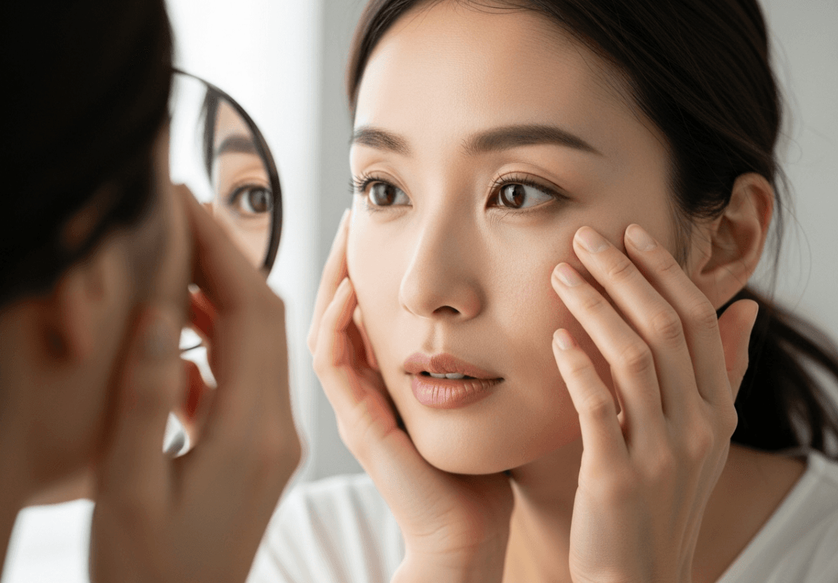 An Asian woman examining the small bumps under her eye in a magnifying mirror, trying to identify her skin condition.
