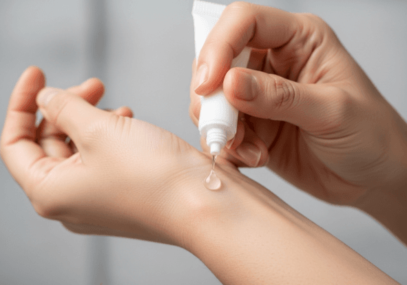 A woman performs a patch test by applying a small amount of eye cream to her wrist.