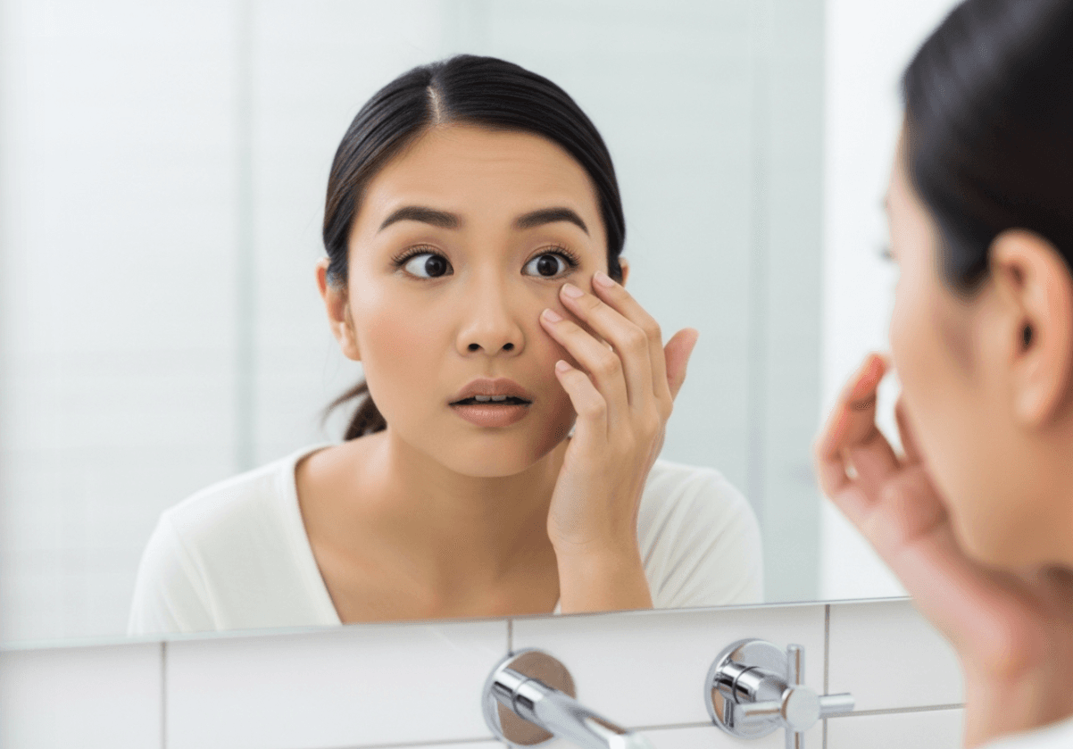An Asian woman looking closely in a mirror, concerned about the small bumps around her eyes and trying to identify them.