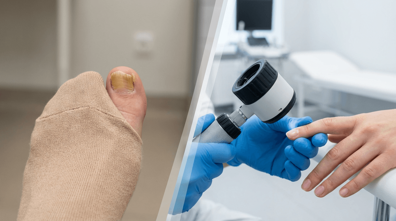 Conceptual image contrasting fungal infected toenails with a professional medical examination of a healthy nail.