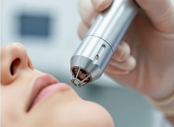 A close-up of a CO2 laser device being professionally prepared for a syringoma treatment.