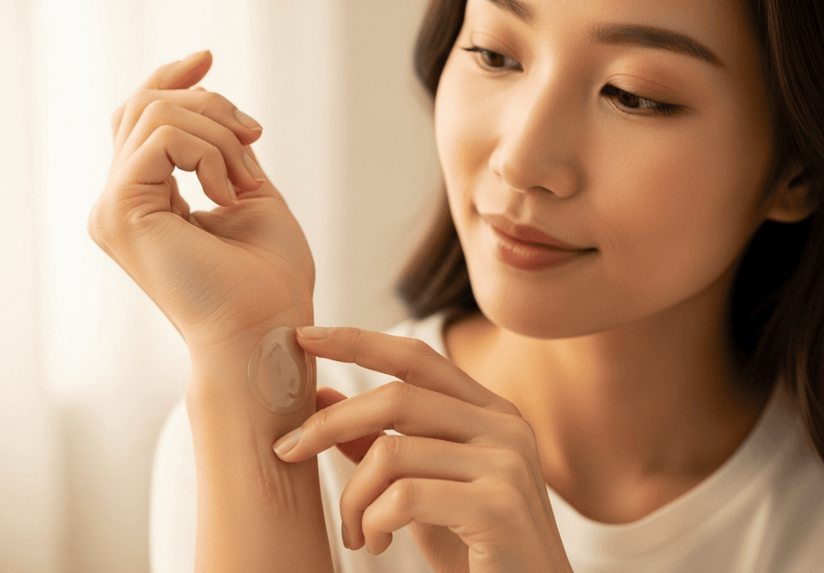 An Asian woman confidently touching a nearly healed scar with a transparent silicone patch, reflecting successful scar management.