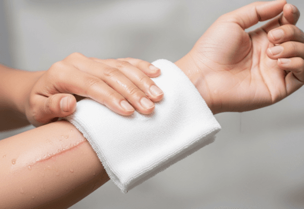 A person soothing an itchy scar with a cool compress, avoiding the urge to scratch.