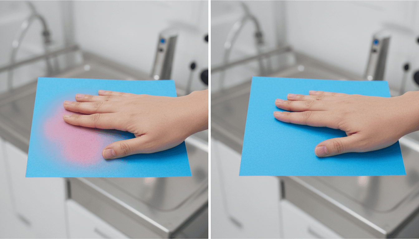 Conceptual image showing a wet hand changing litmus paper color on the left, contrasted with a dry hand on the right, symbolizing effective hyperhidrosis treatment.