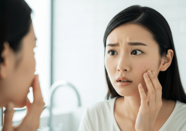 An Asian woman examining small bumps on her face in the mirror, trying to identify her skin condition.