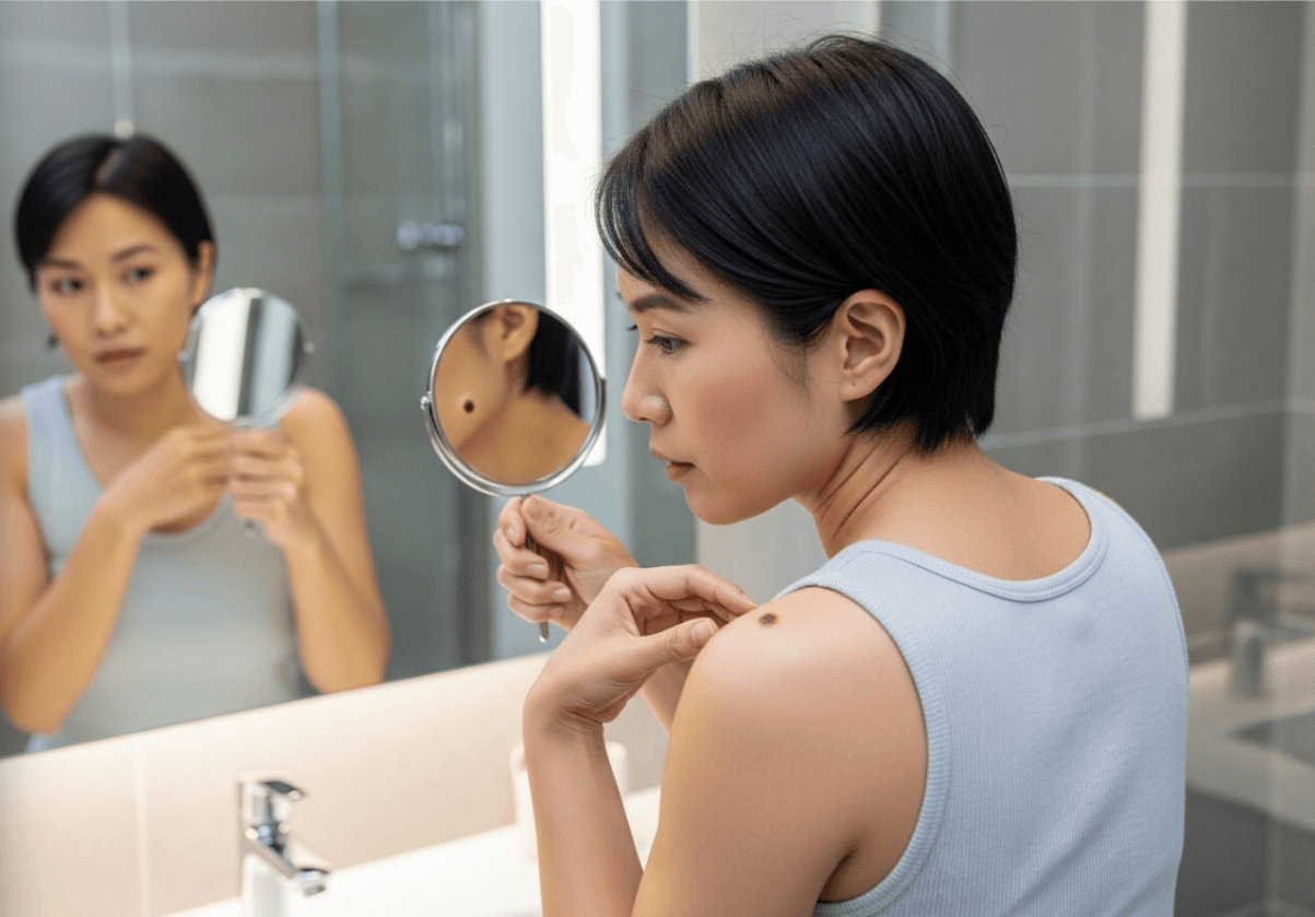 An Asian person performing a skin self-examination, carefully checking a mole on their back using a mirror.