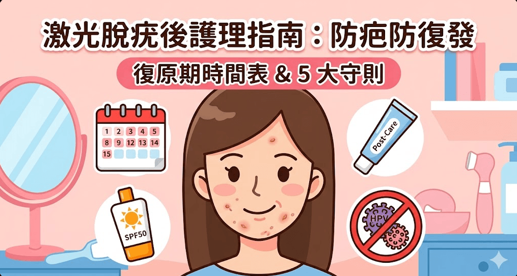 激光脫疣後護理指南封面圖,展示一個面部有結痂的卡通女性,周圍環繞日曆、防曬霜、藥膏和被禁止的HPV病毒圖標。標題文字為‘激光脫疣後護理指南:防疤防復發