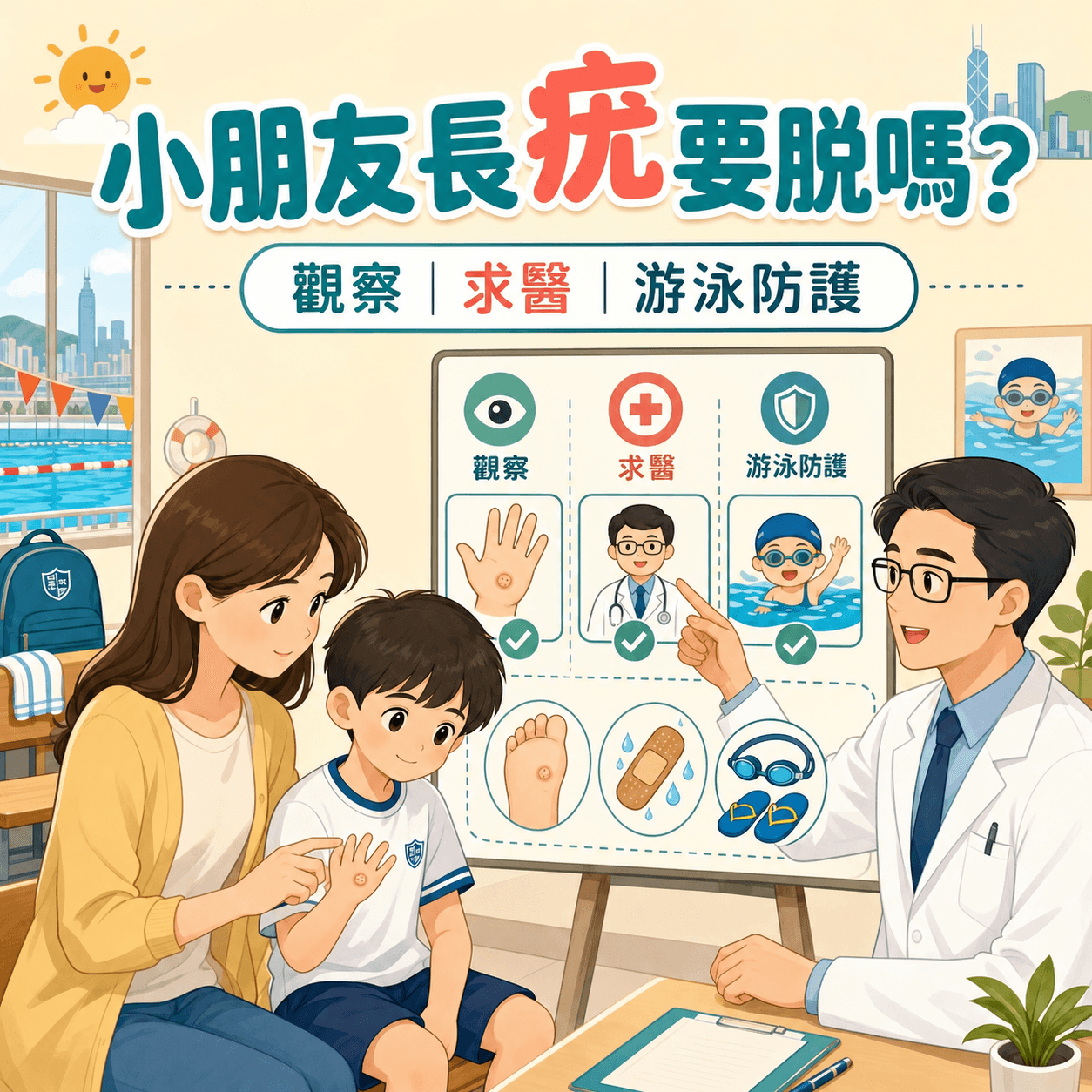 小朋友長疣家長決策指南封面圖,展示兒童手疣足底疣與游泳防護