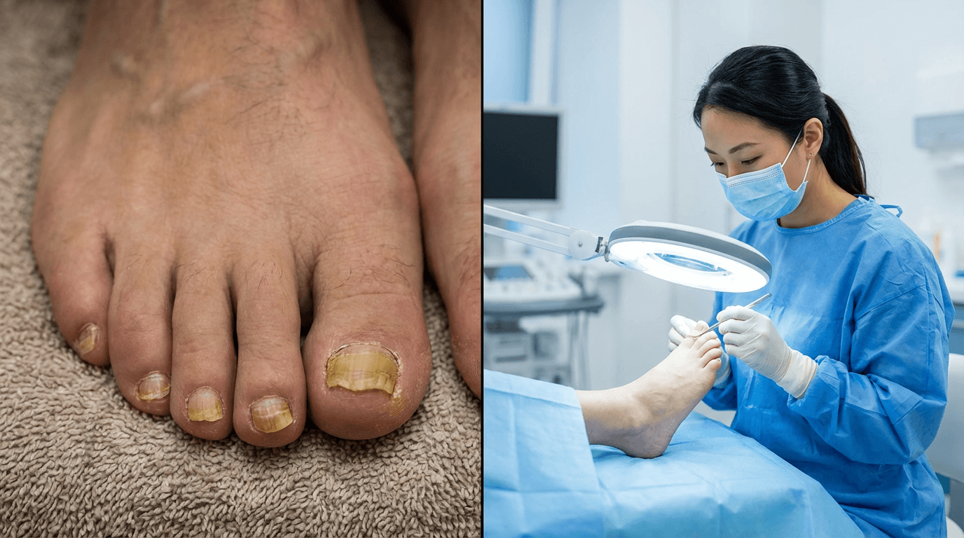 Split image showing severe fungal toenails on the left and a doctor examining a foot in a sterile clinic on the right.