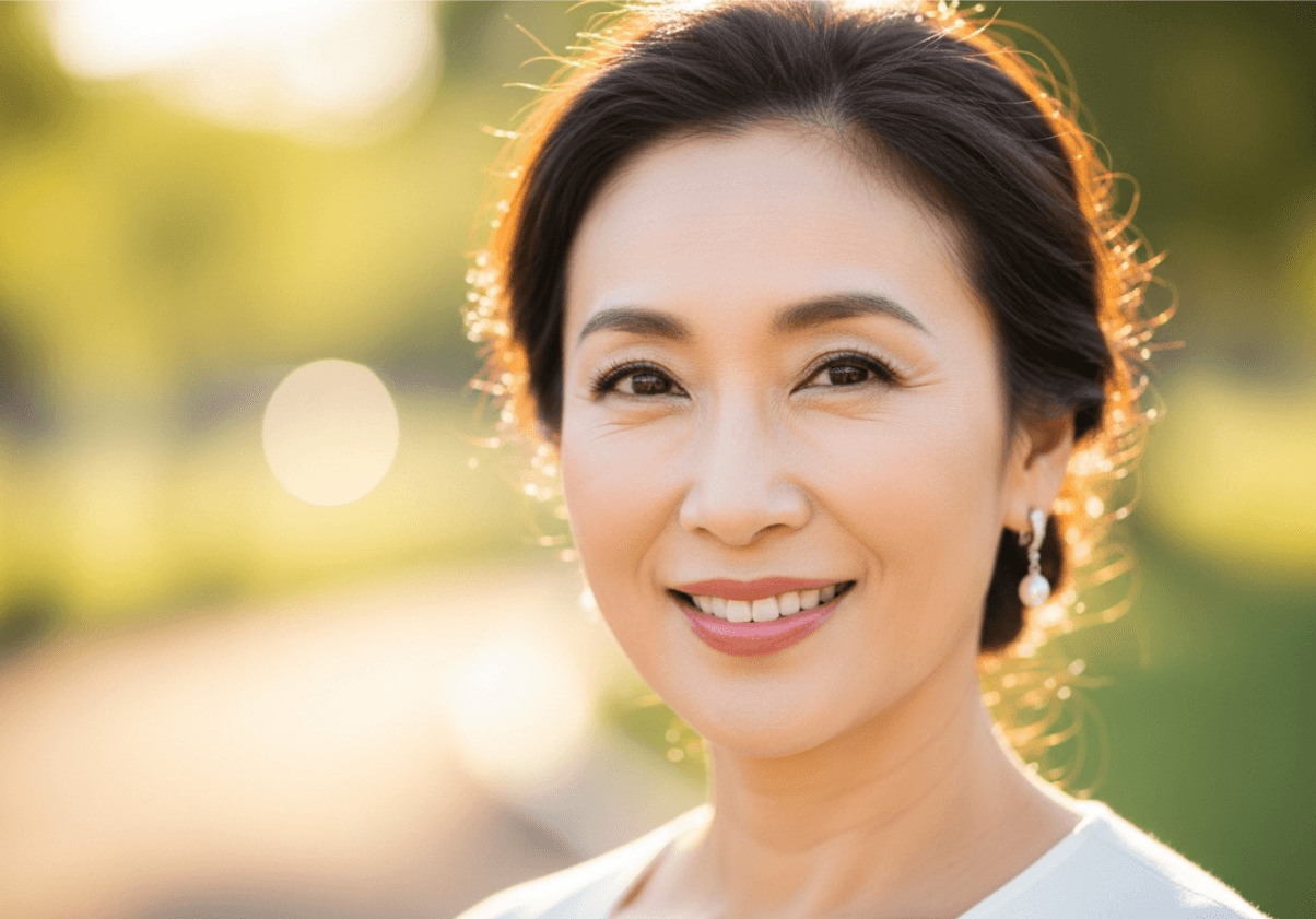 A confident and happy Asian woman with clear, healthy skin, representing the positive outcome of professional skin treatment.