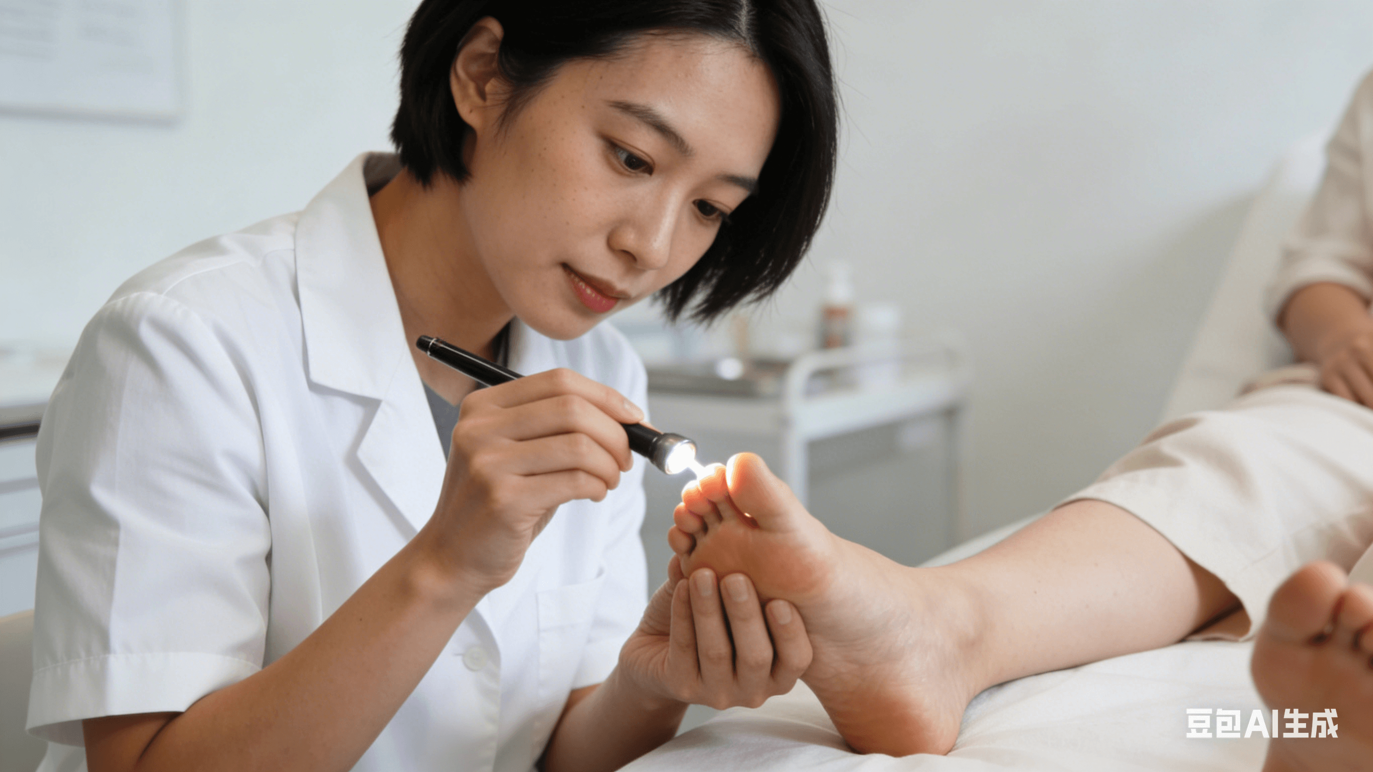 Asian dermatologist examining female patient's ingrown toenail in clinic.