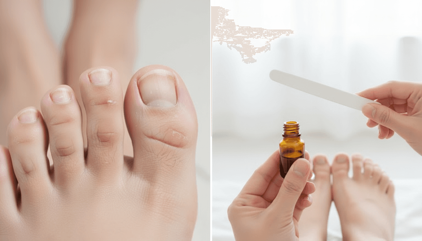 Conceptual image showing fungal toenails on the left and treatment tools with healthy nails on the right, symbolizing the path to recovery.