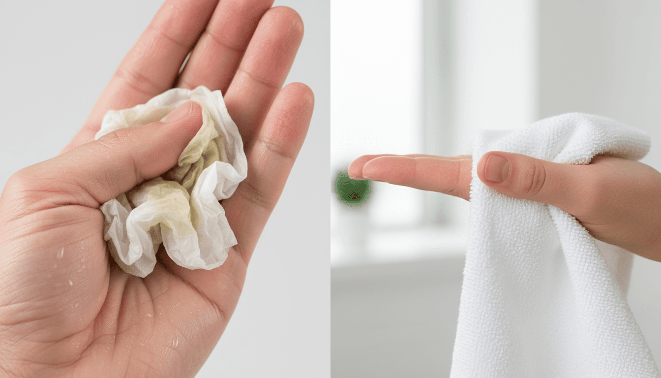 Conceptual image showing a sweaty hand with a damp tissue on the left and a dry, confident hand with a fresh towel on the right, symbolizing relief from hyperhidrosis.