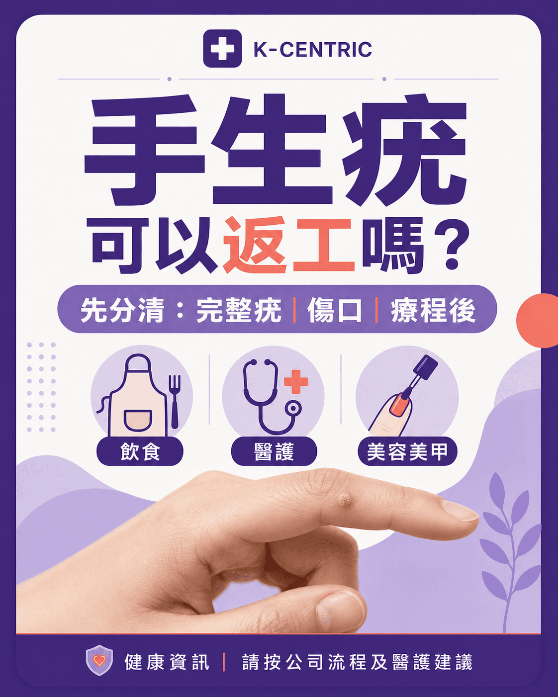 手生疣或脫疣後有手部傷口的飲食醫護美容美甲返工安全提示