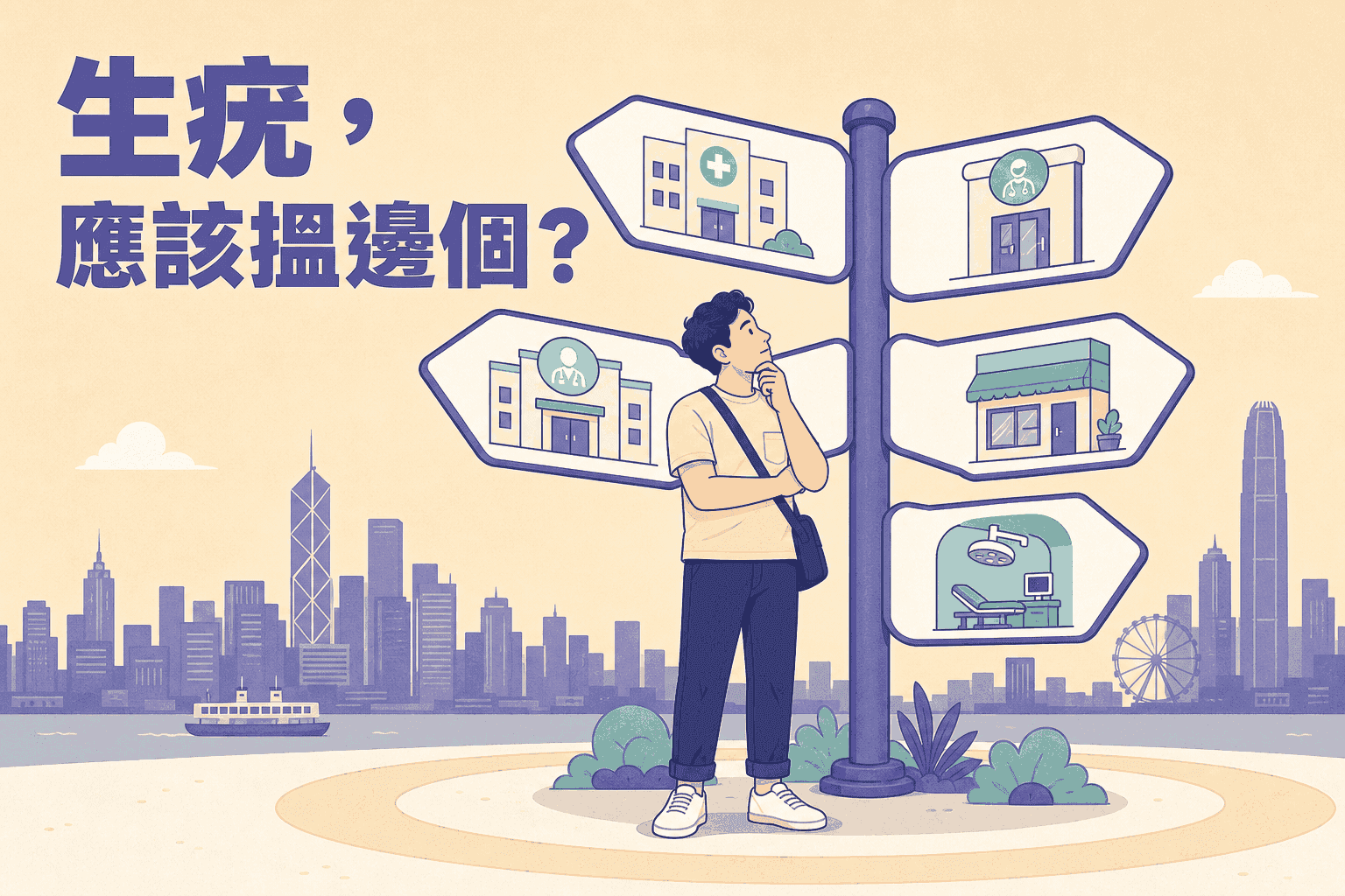 香港疣治療求醫路徑圖,對照家庭醫生、公營皮膚科、私家皮膚科、私家診所與日間醫療中心