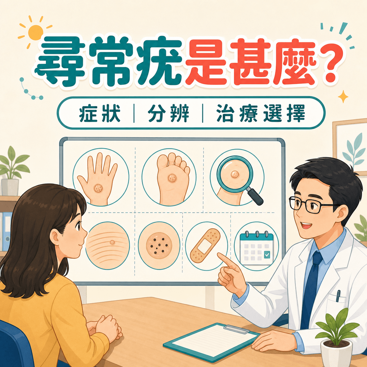 尋常疣症狀分辨與治療選擇的醫療教育插畫