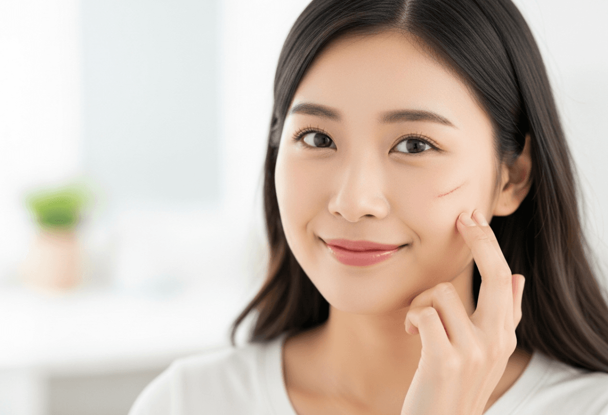 A hopeful Asian woman with clear, healing skin, representing successful scar prevention and recovery.