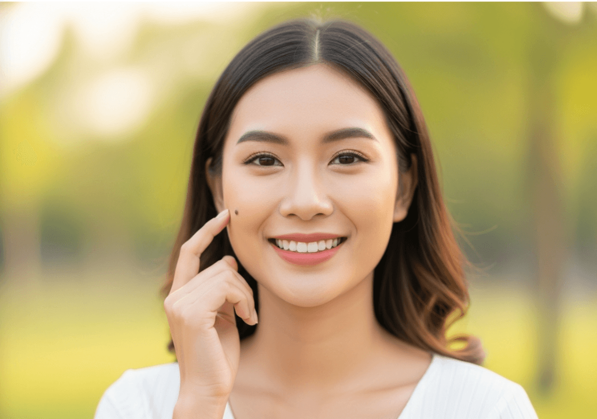 A happy Asian woman with clear skin, feeling confident after a professional mole removal treatment.