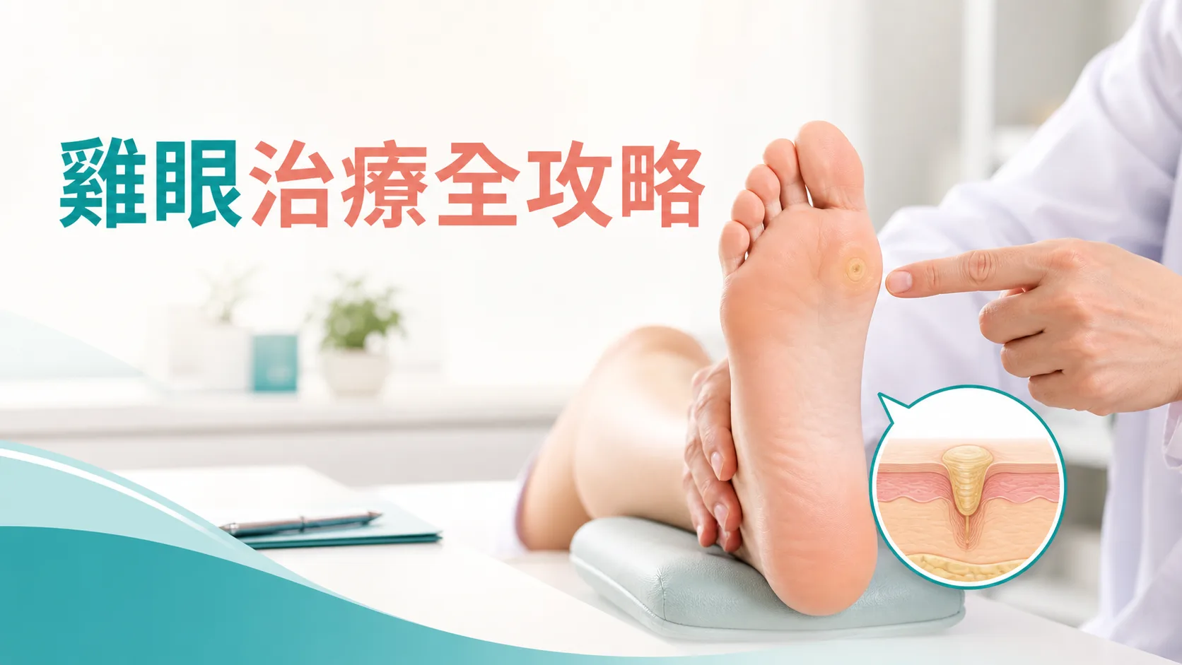 雞眼治療全攻略醫療教育封面,展示足底雞眼位置與角質核心示意