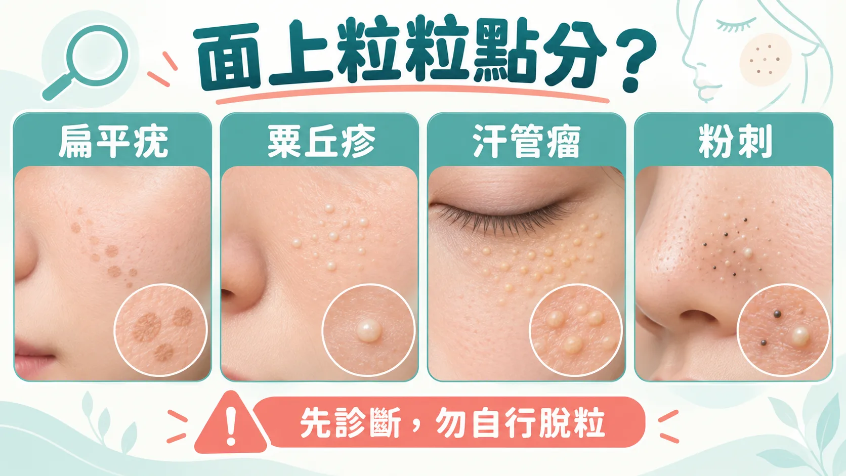 面部扁平疣粟丘疹汗管瘤與粉刺分辨圖解