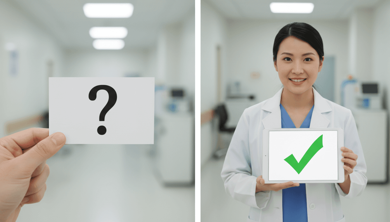 Conceptual image with a question mark and a doctor with a checkmark, representing a Q&A session about medical treatment.