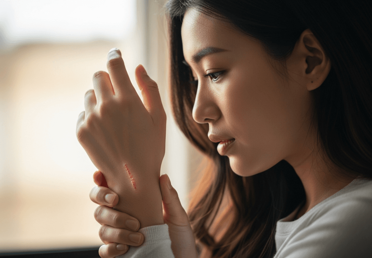 A hopeful young Asian woman carefully examining a healing scar on her hand, representing the scar management journey.