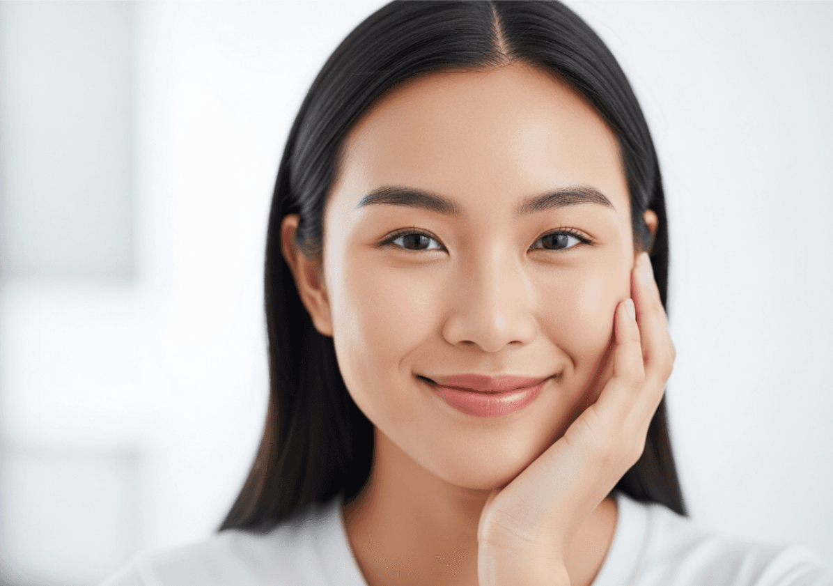 A happy young Asian person with clear, healthy skin feeling confident.