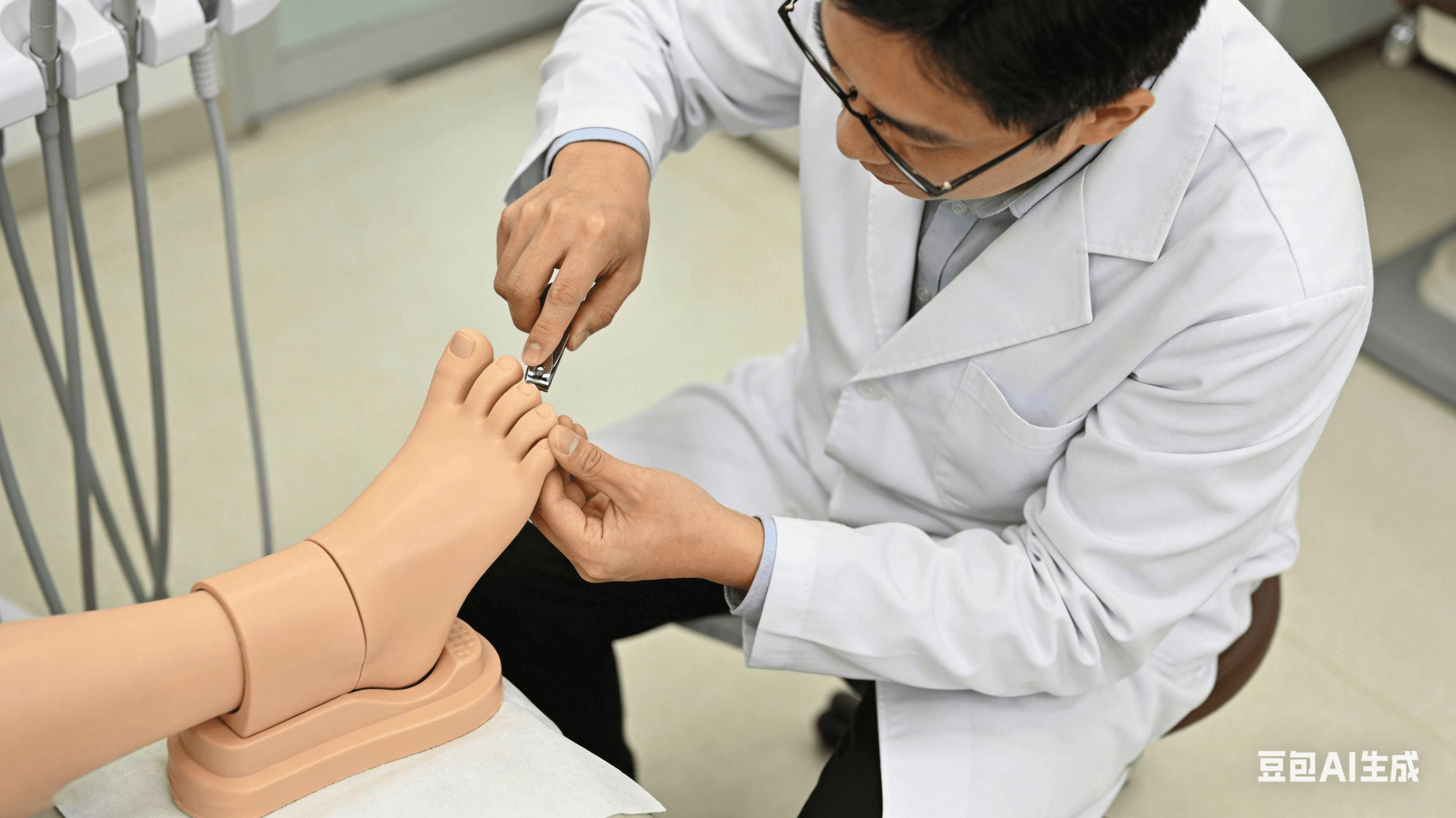 Asian dermatologist demonstrating proper toenail trimming technique on a foot model in clinic.