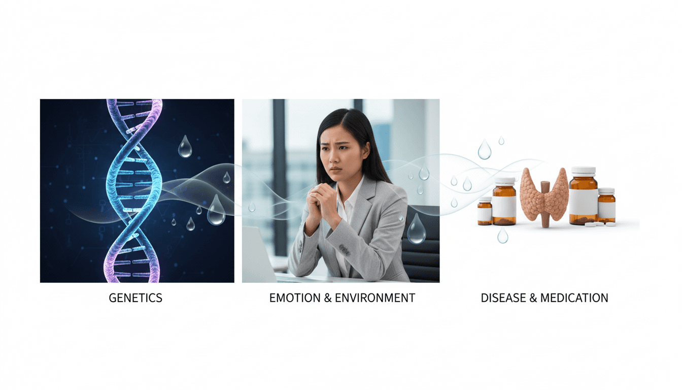 Three-panel conceptual image illustrating the three main causes of hyperhidrosis: genetics, emotion/environment, and medical conditions.