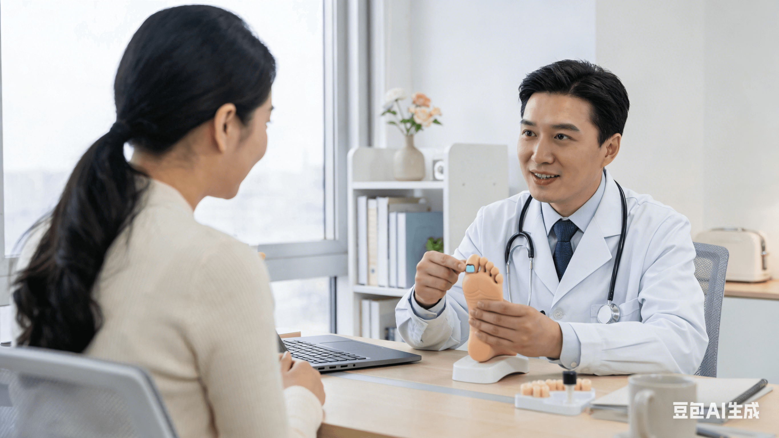 Asian dermatologist in white coat showing four icons (nail clipper, high heel, weight scale, stubbed toe) to Asian female patient in clinic.