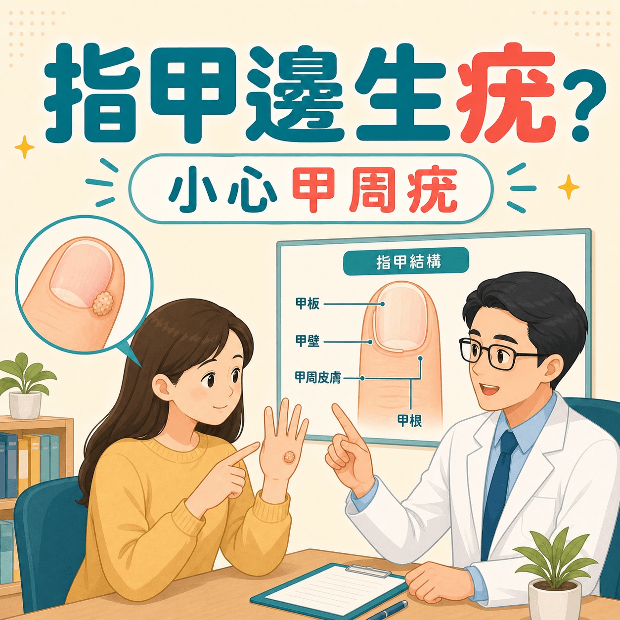 甲周疣與指甲變形風險的醫生評估插畫