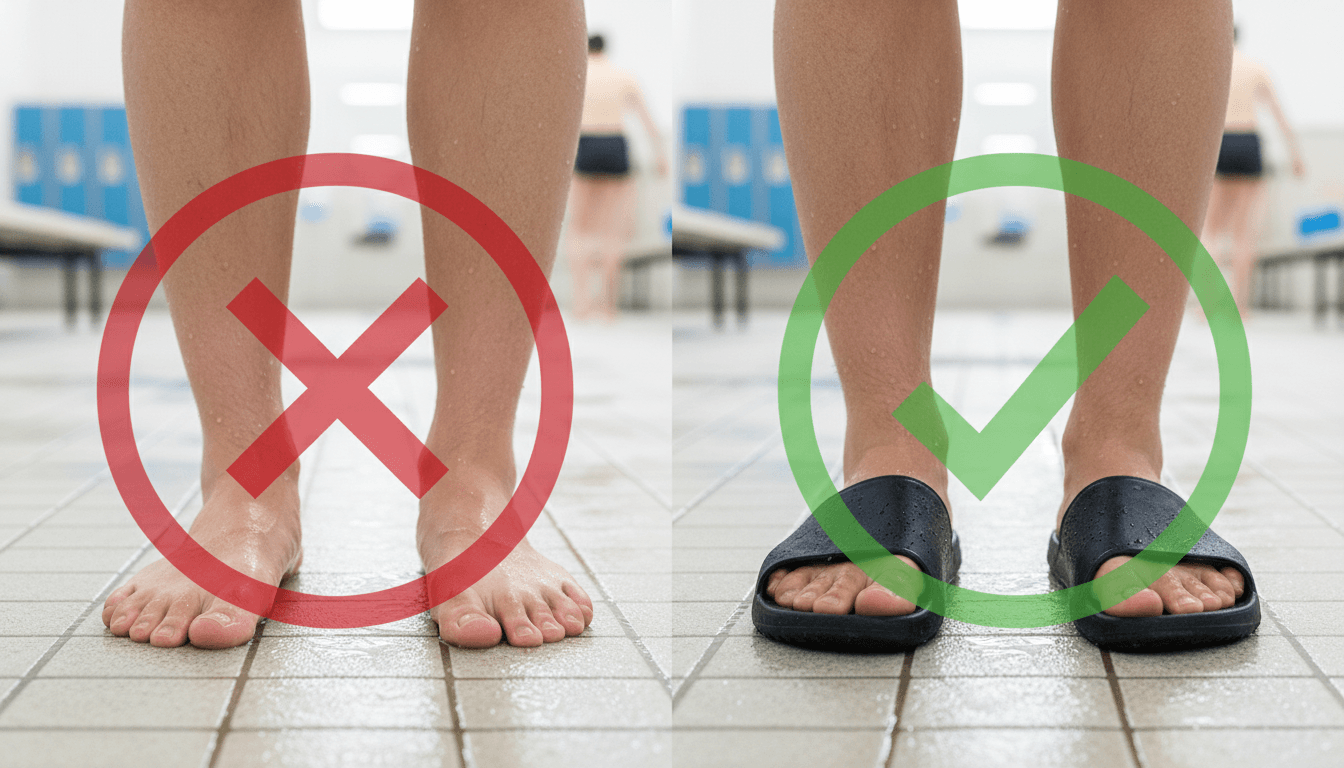 Split image contrasting risky bare feet in a public shower with safe feet wearing sandals, symbolizing fungal infection prevention. Evaluate Compare