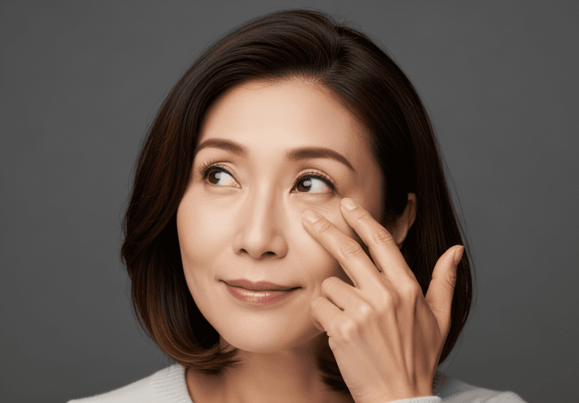 A concerned but hopeful middle-aged Asian woman gently touching the syringoma under her eye, contemplating treatment.