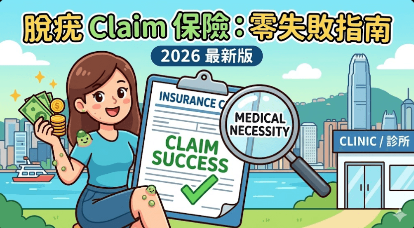圖片顯示一個可愛的卡通人物(女性)帶著疣,開心地舉著寫有「CLAIM 成功」的保險單和一疊錢。背景是卡通化的香港天際線和診所。標題寫著「脫疣 Claim 保險:零失敗指南 (2026 最新版)」。一個放大鏡聚焦在保險單上的「醫療需要」字眼。