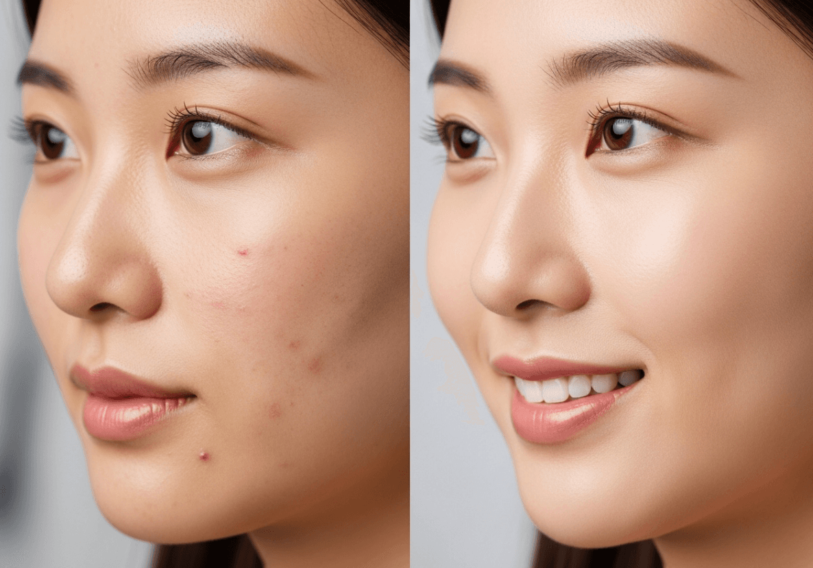 An Asian woman's face showing the contrast between a cheek with acne and a clear, healthy cheek, symbolizing a successful acne treatment journey.