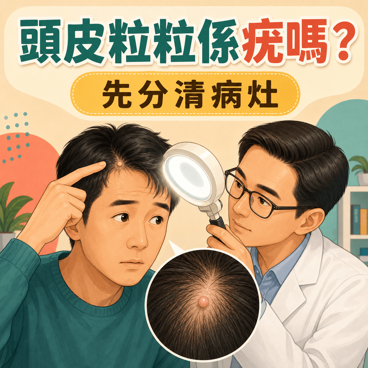 醫生檢查頭皮粒粒並分辨不同病灶
