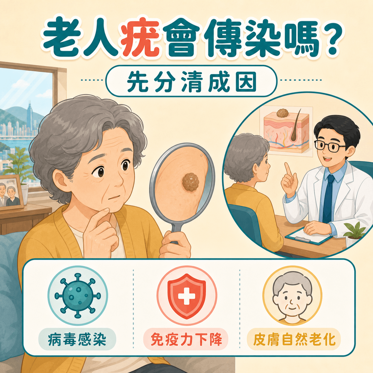 脂溢性角化老人疣與病毒疣分辨插畫