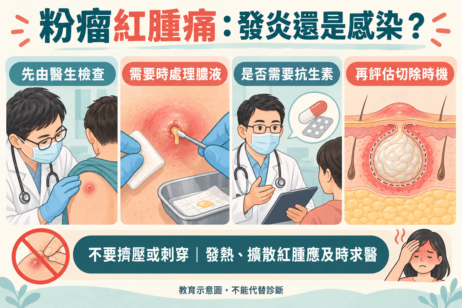 粉瘤紅腫、感染評估、引流和切除時機示意