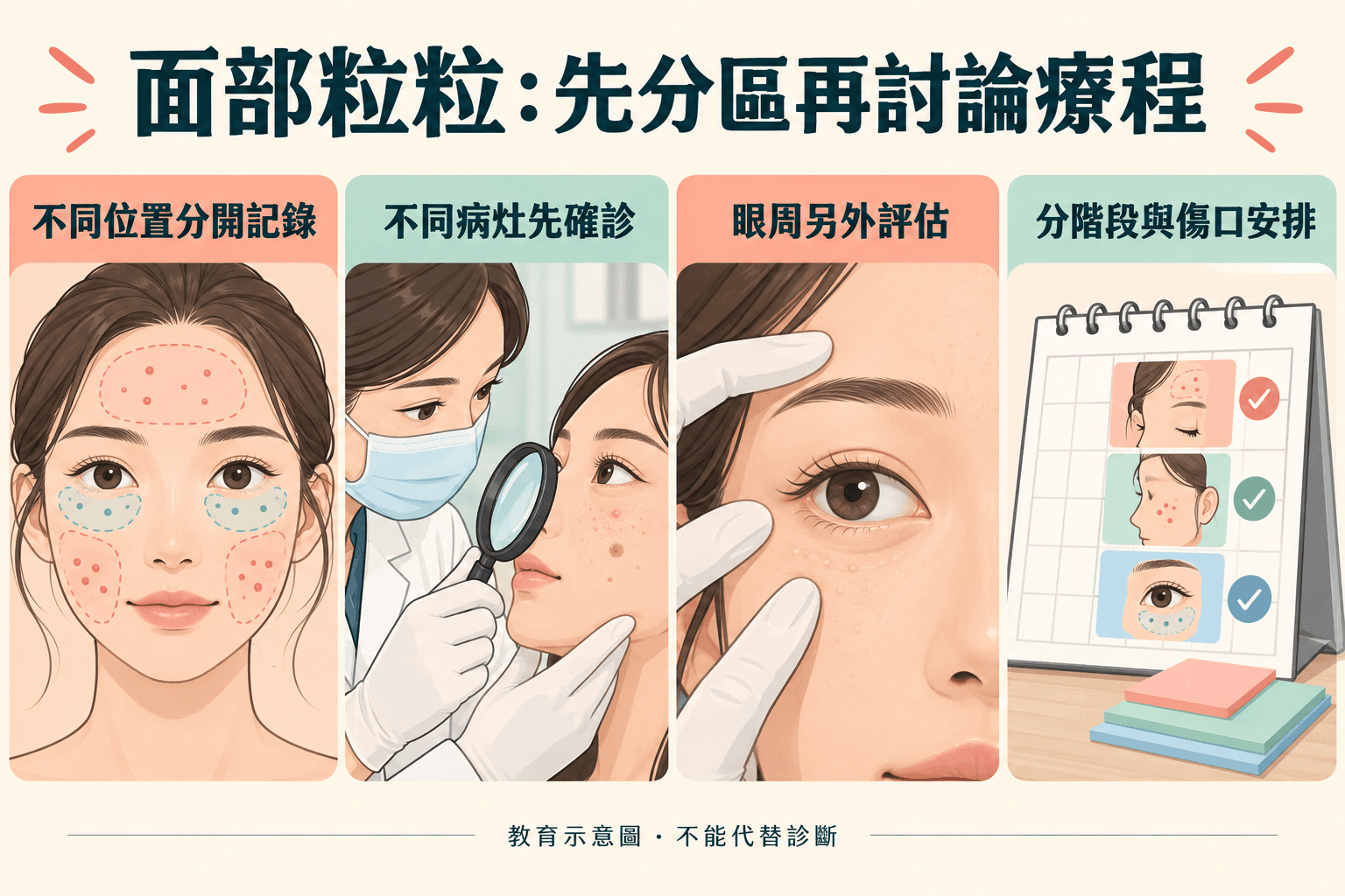 面部不同病灶分區、眼周評估及分階段安排示意