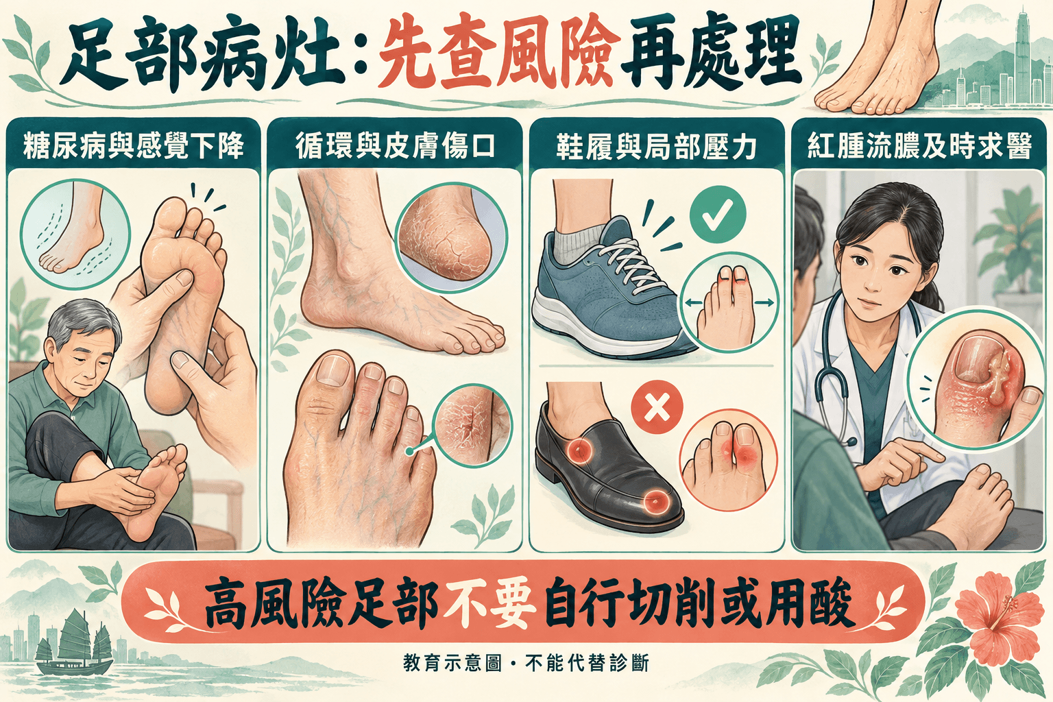 糖尿病、循環、足部傷口與鞋履壓力評估示意