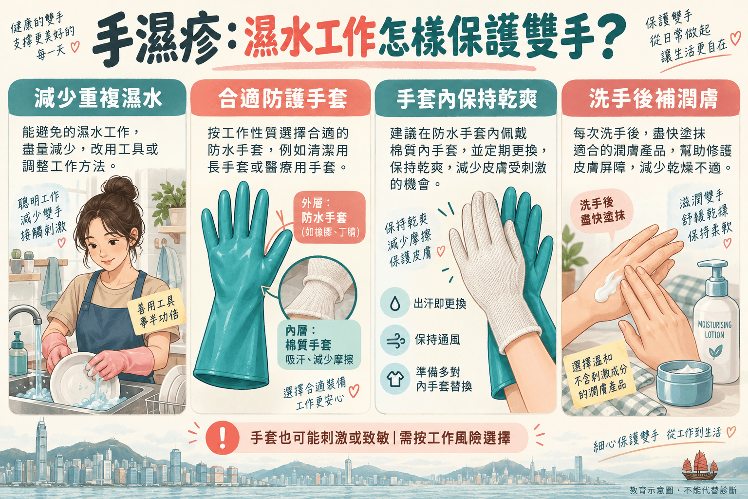 濕水工作、手套潮濕和手部護理的示意