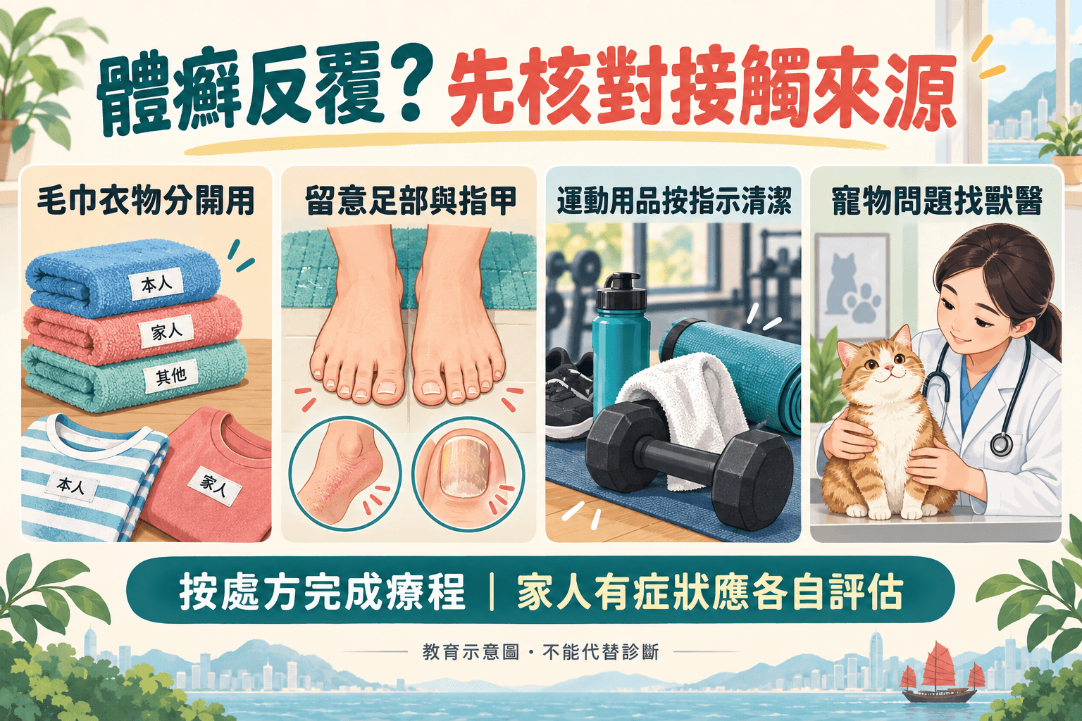 體癬家庭用品、運動接觸和寵物評估的管理示意