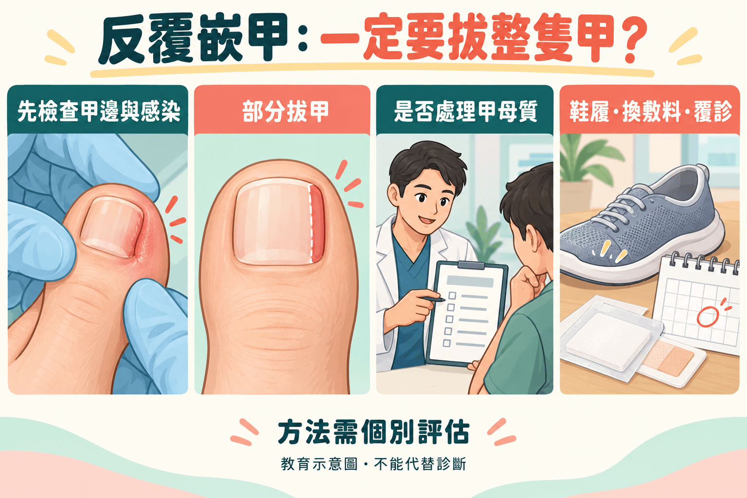 反覆嵌甲評估、部分拔甲與甲母質處理決策示意