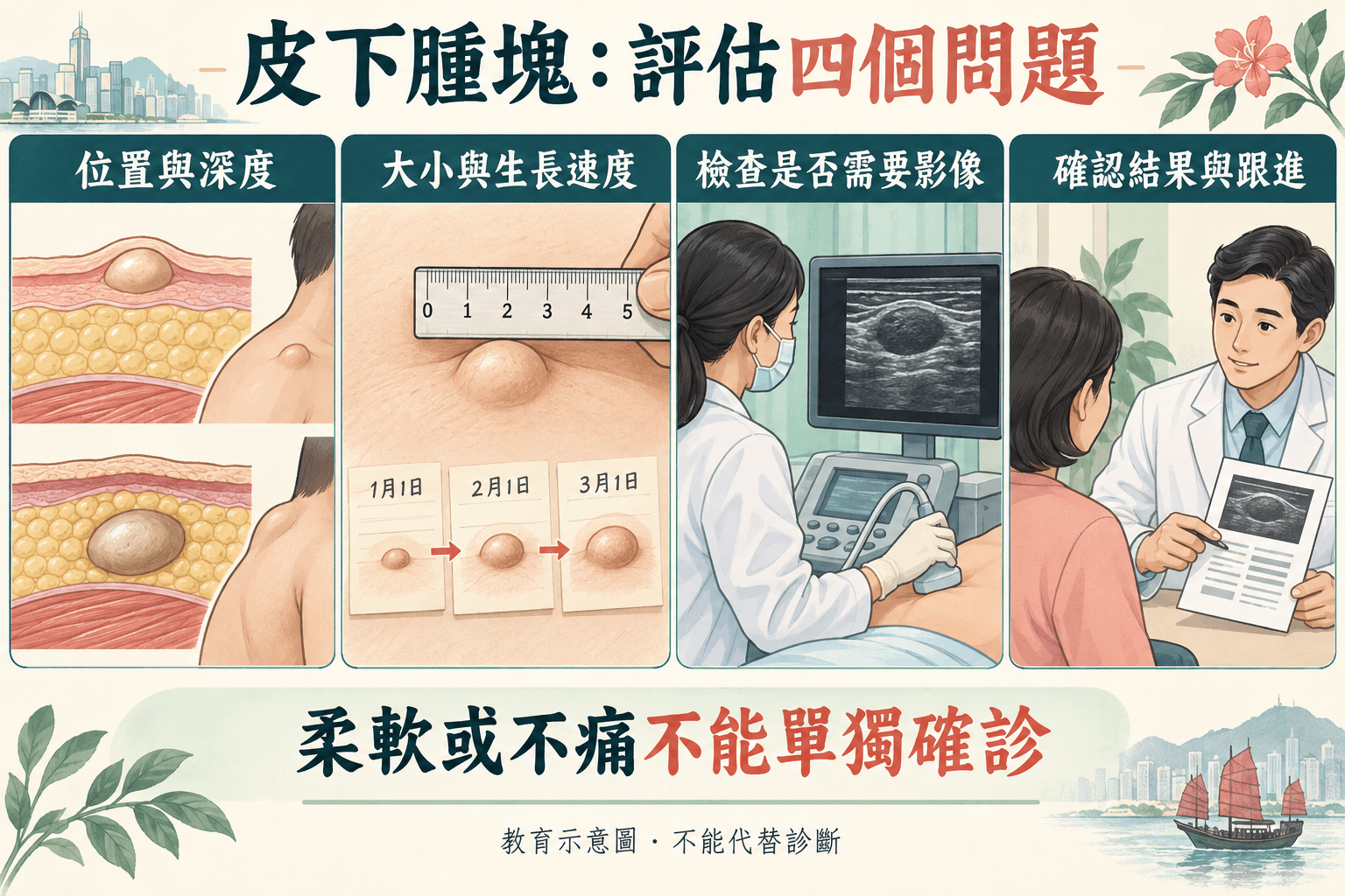 皮下腫塊位置深度、生長、影像和結果跟進示意