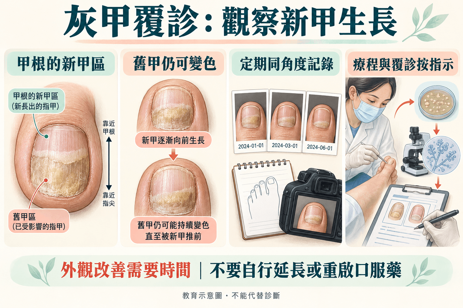 近甲根新甲與遠端舊甲分開觀察的教育示意