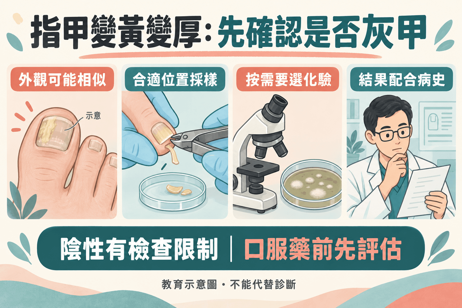 灰甲採樣與不同真菌化驗方法的示意