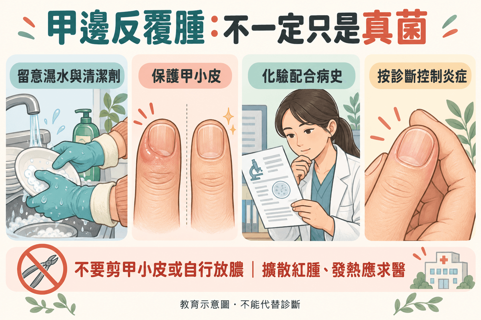 慢性甲溝炎的濕水、甲小皮保護與炎症控制示意