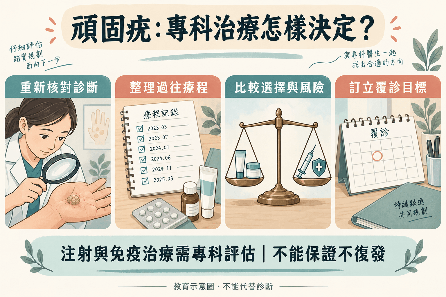 頑固疣核對診斷、治療紀錄與專科共同決策示意